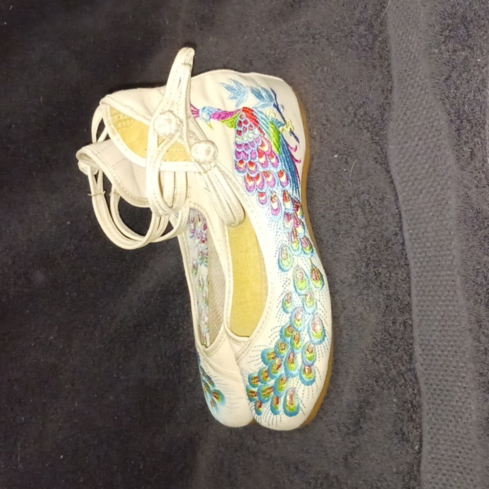 Peacock Embroidered Canvas Ballet Slipper — 6½-7 —  Cream Blue
